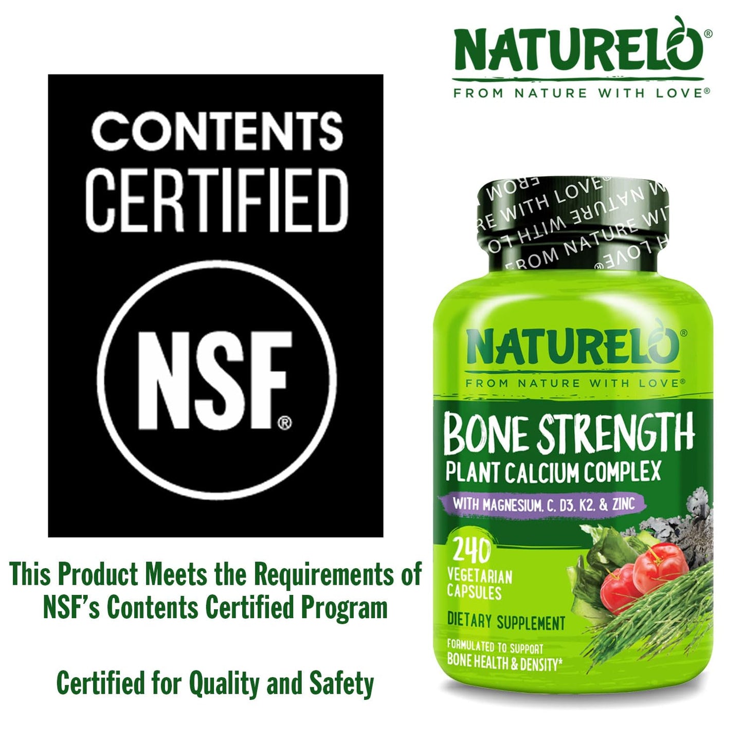 NATURELO Calcium Supplement - with Vitamin C, Vitamin D3, K2, and Calcium Magnesium Zinc for Bone Strength with Calcium 600mg - Plant-Based, 120 Vegetarian Capsules, Non-GMO, Soy & Gluten-Free