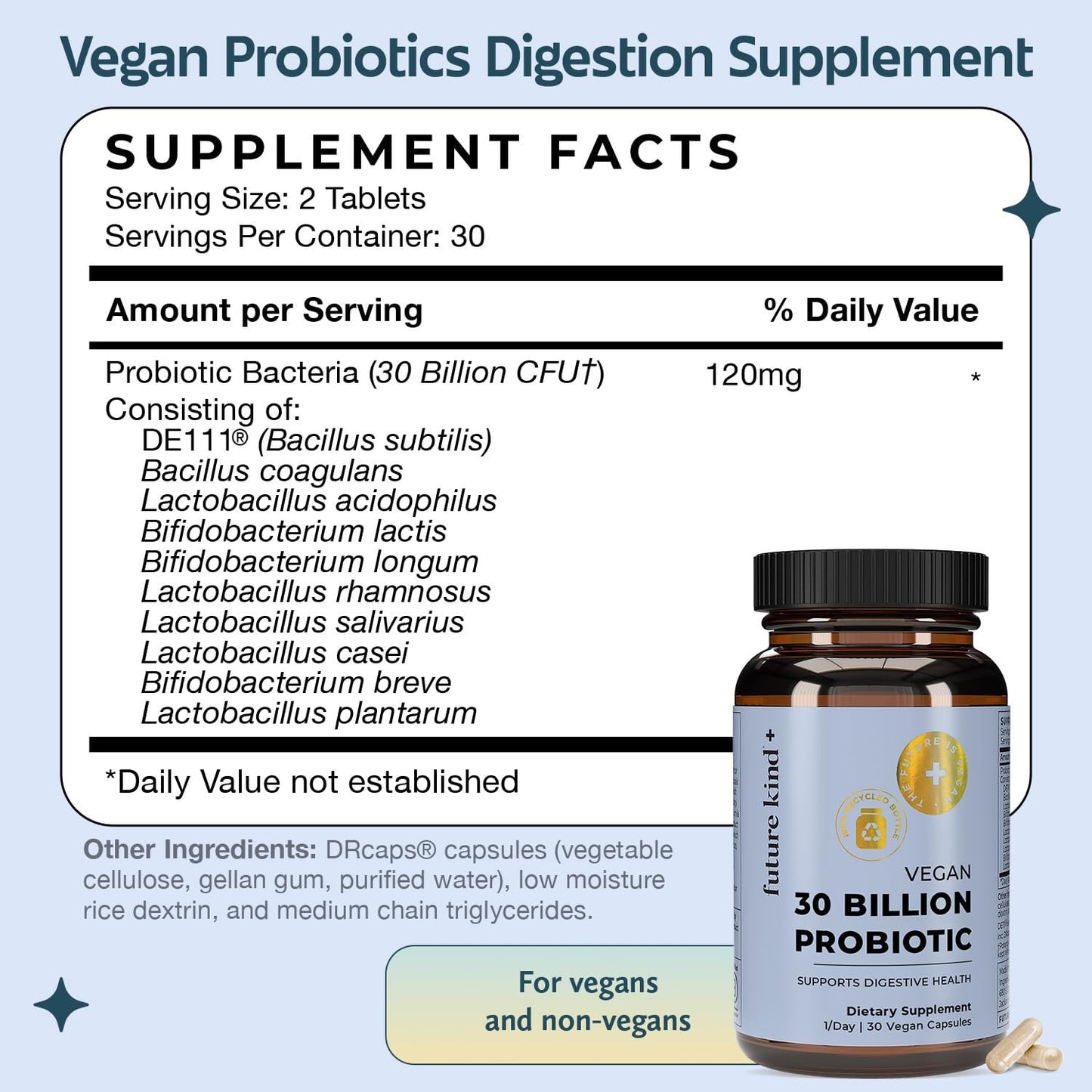 Future Kind Vegan Probiotics for Women and Men - 30 Billion CFUs Probiotics for Digestive Support (30 Adult Probiotic Capsules) No GMOs, Daily Probiotic Supplements from 42 Fruits & Vegetables