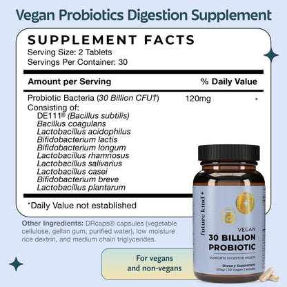 Future Kind Vegan Probiotics for Women and Men - 30 Billion CFUs Probiotics for Digestive Support (30 Adult Probiotic Capsules) No GMOs, Daily Probiotic Supplements from 42 Fruits & Vegetables