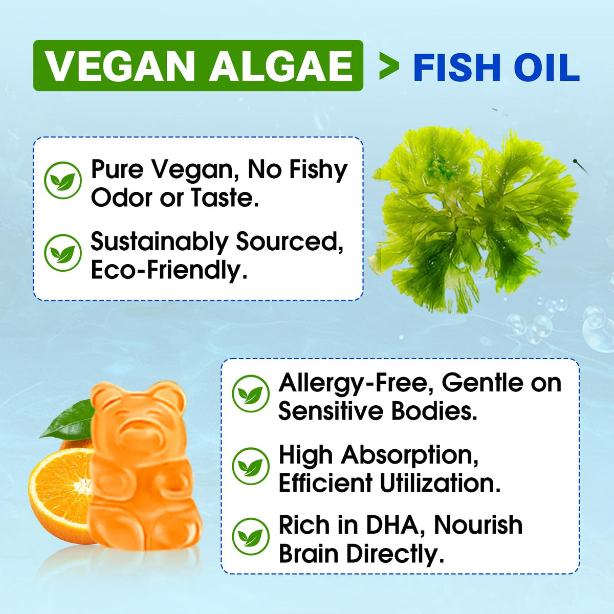 2 Pack Algae Omega 3 Gummies for Women, Men & Kids, Fish Oil Alternative | Boost Brain, He♡rt, Eye & Immune Function, With Plant Based 460 MG DHA & 230 MG EPA, No Fishy Taste, Sugar Free