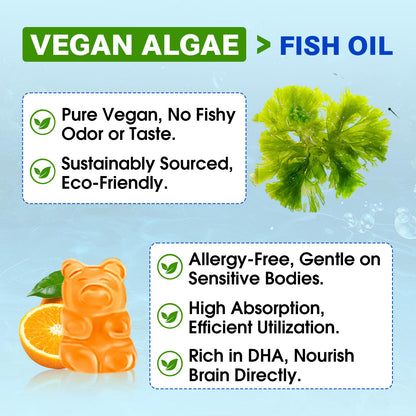 2 Pack Algae Omega 3 Gummies for Women, Men & Kids, Fish Oil Alternative | Boost Brain, He♡rt, Eye & Immune Function, With Plant Based 460 MG DHA & 230 MG EPA, No Fishy Taste, Sugar Free