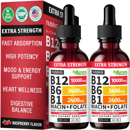 (2 Pack) Extra Strength Liquid Vitamin B12 Sublingual Vitamin B Complex - B12 Drops 10000mcg - Methylcobalamin for Energy, Brain, and Heart Support, Raspberry Flavor, Non GMO, 2 Fl Oz (80 Servings)