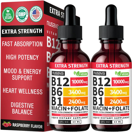 (2 Pack) Extra Strength Liquid Vitamin B12 Sublingual Vitamin B Complex - B12 Drops 10000mcg - Methylcobalamin for Energy, Brain, and Heart Support, Raspberry Flavor, Non GMO, 2 Fl Oz (80 Servings)