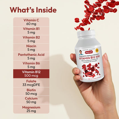 ANDREW LESSMAN ProCaps Vitamin B12 500 mcg with B-Complex 180 Capsules | Absorption-protected Methylcobalamin with B-Complex supports energy, brain, heart and nervous system health.