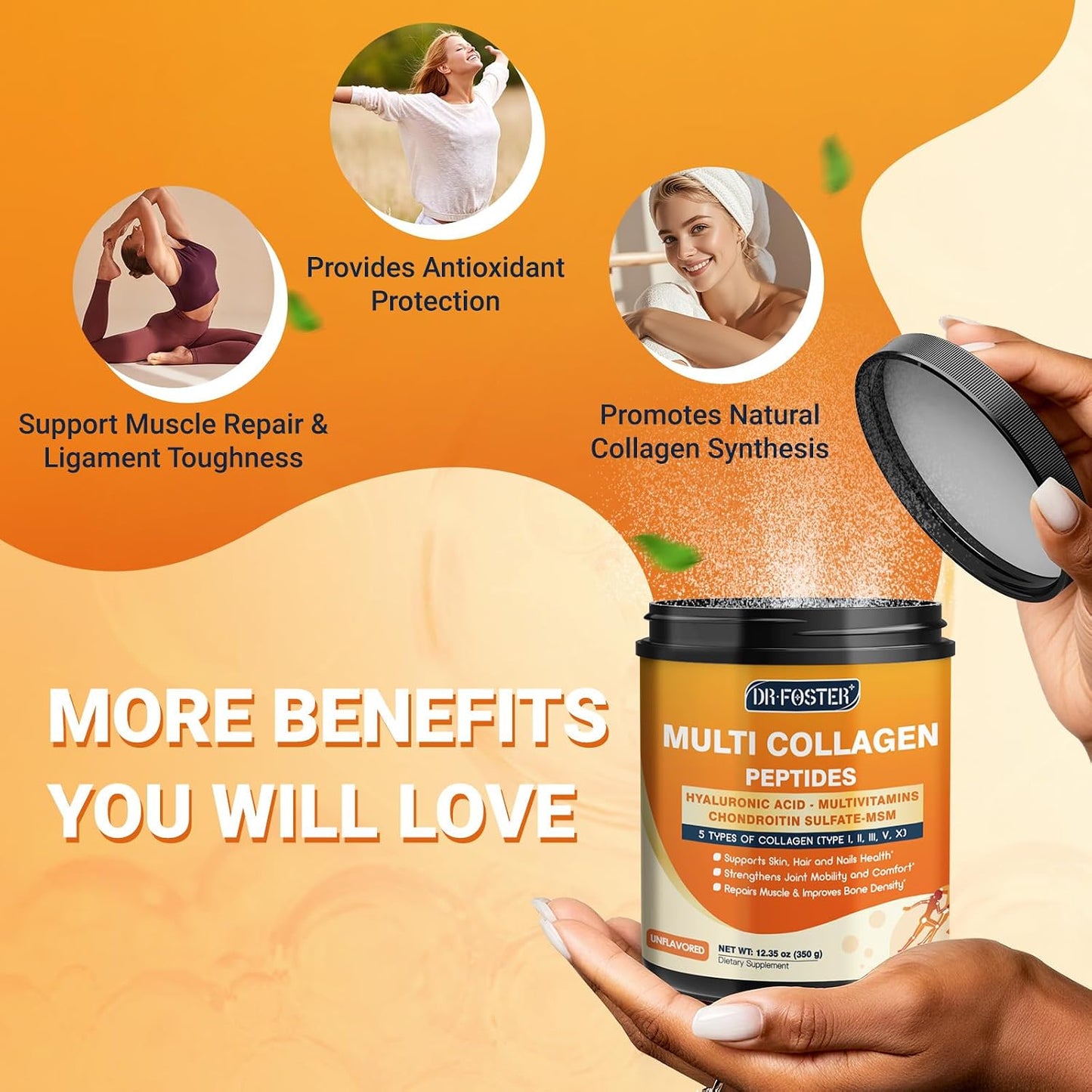 DRFOSTER Multi Collagen Peptides for Women with MSM, CS & D3, 35 Servings | Type I, II, III, V, and X Hydrolyzed Collagen with Vitamin C and Hyaluronic Acid for Skin, Hair, and Joints