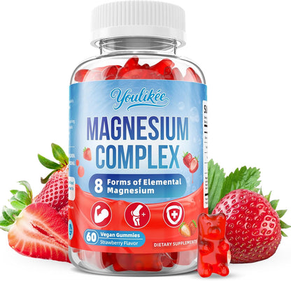 Magnesium Complex Gummies 400mg - 8 Forms for Muscle & Calm Support | Glycinate, Malate, Citrate, Taurate & 4 more for Women and Men, Sugar-free, Vegan, Strawberry Flavor, 60 Count