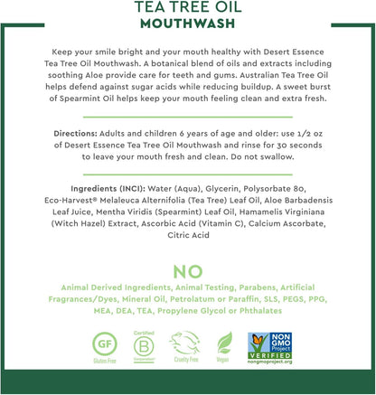 Desert Essence Alcohol-Free Mouthwash with Tea Tree Oil and Aloe, Sugar-Free, Oral Rinse to Provide Botanical Care for Teeth & Gums, Vegan, Non-GMO, SLS-Free, Gluten-Free, Spearmint Flavor, 8oz