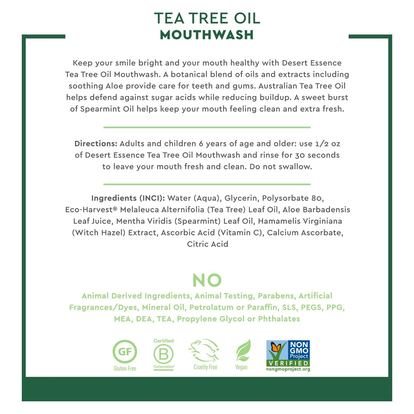 Desert Essence Tea Tree Oil Mouthwash, Spearmint, 16 fl oz - Alcohol Free, Sugar Free, Gluten Free, Vegan, Cruelty Free, Non-GMO - Aloe, Vitamin C & Spearmint Essential Oil - Healthy Teeth & Gums