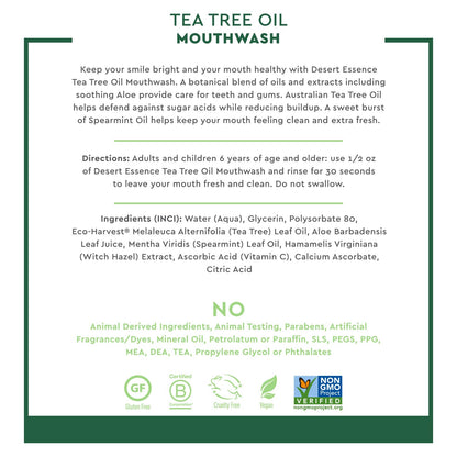 Desert Essence Tea Tree Oil Mouthwash, Spearmint, 16 fl oz - Alcohol Free, Sugar Free, Gluten Free, Vegan, Cruelty Free, Non-GMO - Aloe, Vitamin C & Spearmint Essential Oil - Healthy Teeth & Gums