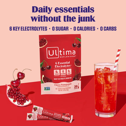 Ultima Replenisher Cherry Pomegranate Electrolyte Packets, 20 Stickpacks | Daily Zero Sugar Powder Hydration Packets with 6 Key Electrolytes & Minerals - Sugar Free, Plant Based & Keto Friendly