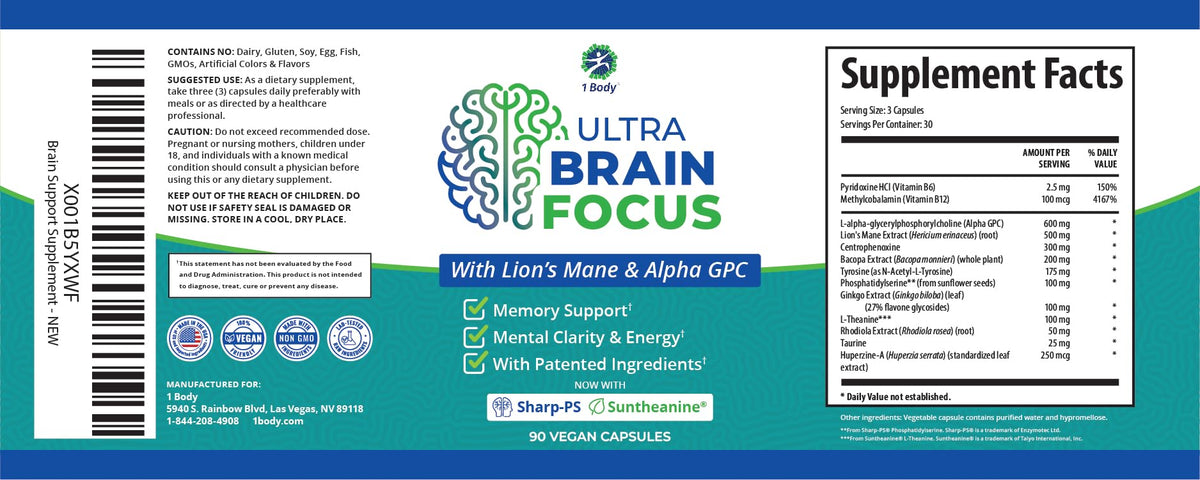 1 Body Brain Support - Bacopa Monnieri, Lion’s Mane for Memory & Focus