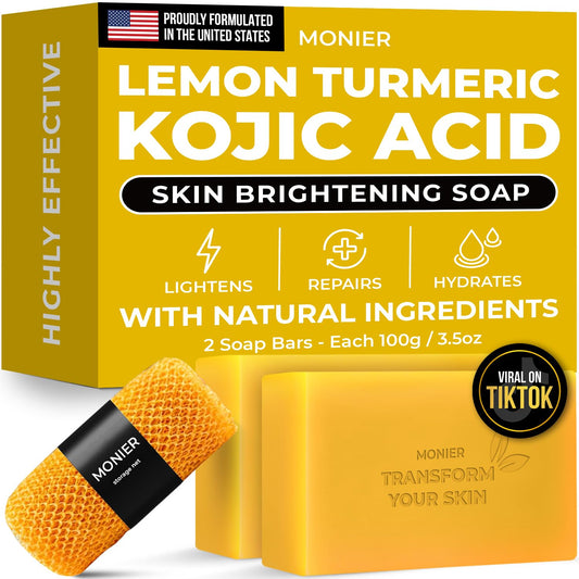 MONIER Brightening Lemon Turmeric Kojic Acid Soap Bars - with Collagen | with Collagen, Turmeric, Coconut Oil, Moisturizing & Nourishing, Original Japanese Complex (2 Soap Bars + Storage Net)