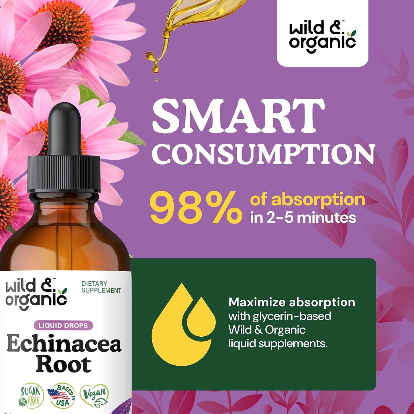 Wild & Organic Echinacea Drops - Immune & Lymphatic Drainage Drops - Liquid Echinacea Supplement - Add to Tea Tincture - Angustifolia Herb Extract - Vegan, Sugar & Alcohol-Free - 4 fl oz