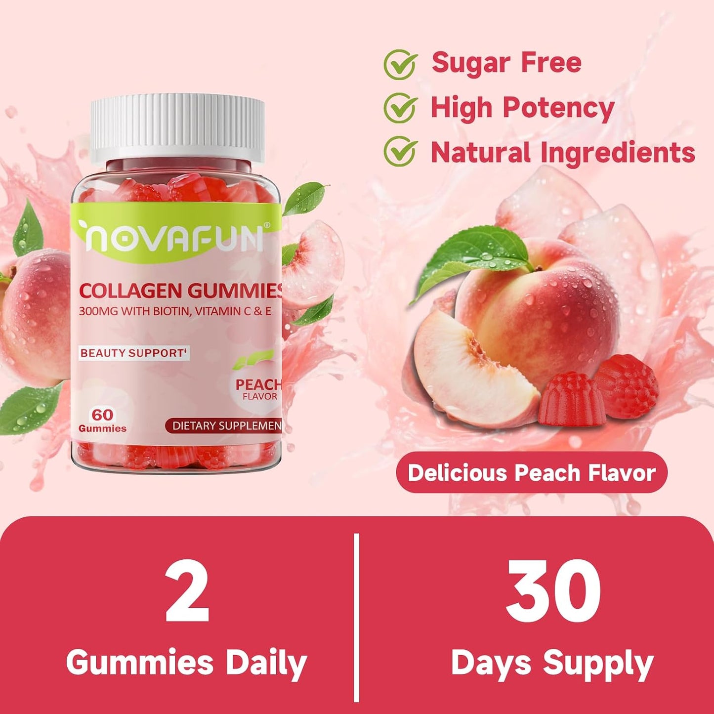 Collagen Gummies for Women - 300mg Collagen with Biotin, Vitamins C & E - Hair, Skin & Nails Supplement - Gluten Free, Vegetarian, Peach Flavor, 60 Gummies