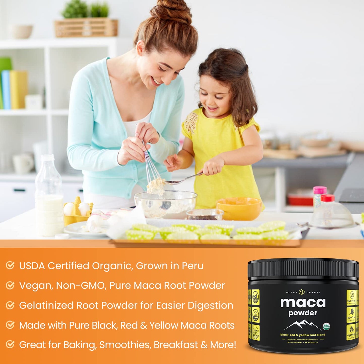 NutraChamps USDA Organic Maca Root Capsules for Women & Men, 2100mg, 180 Capsules, Black, Red & Yellow, Peruvian Maca Peruana, Extra Strength Pure Premium Gelatinized Root Powder Supplement