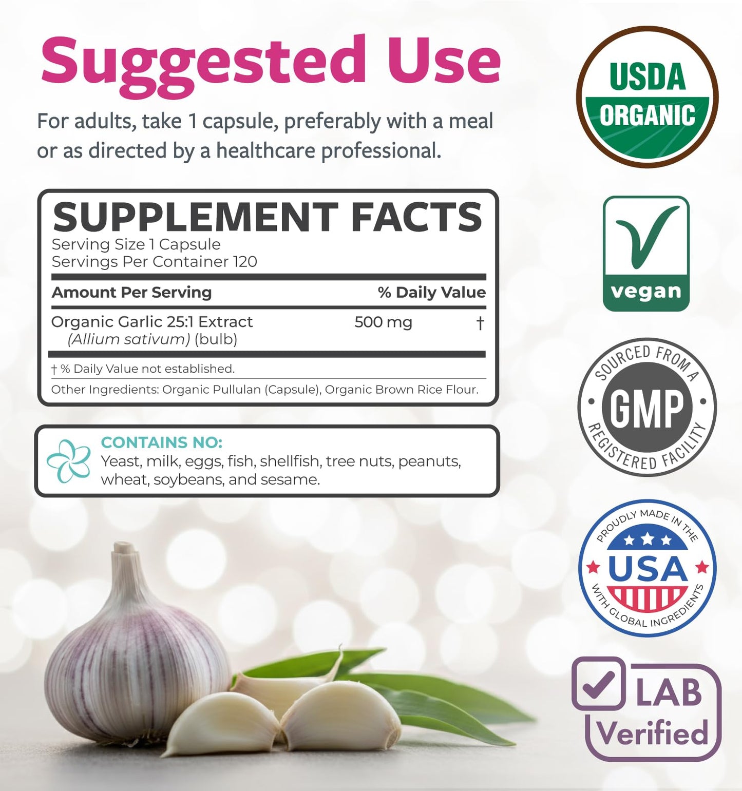 PURE CO USDA Organic Garlic Supplement - High Potency 25:1 Garlic Extract with 12,500mg Herbal Equivalent Strength for Immune & Heart Support - Odorless Vegan & Non-GMO (4 Month Supply)