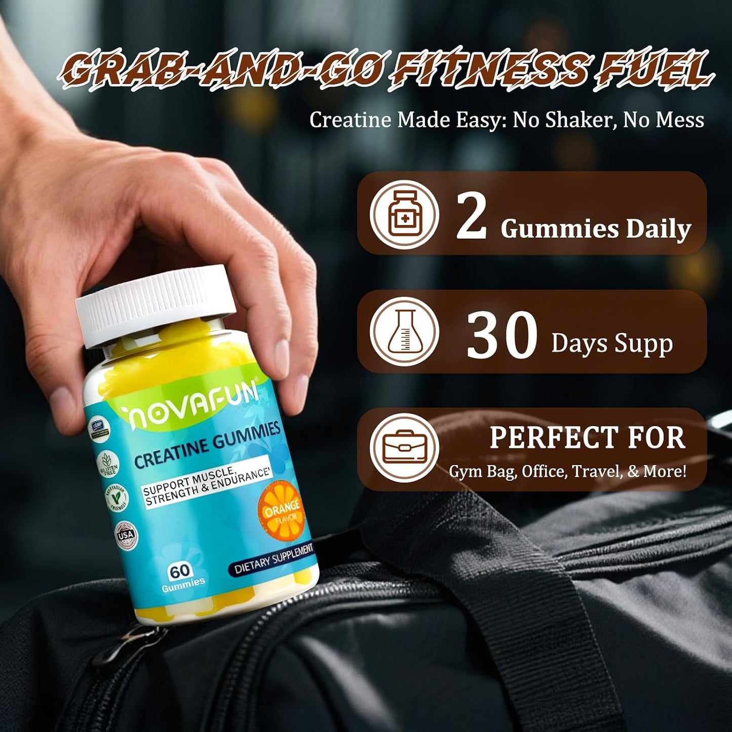 Creatine Gummies, 1500mg Creatine Monohydrate for Muscle Strength, Endurance, Workout Performance, Vegetarian & Gluten-Free, Orange Flavor, 60 Count