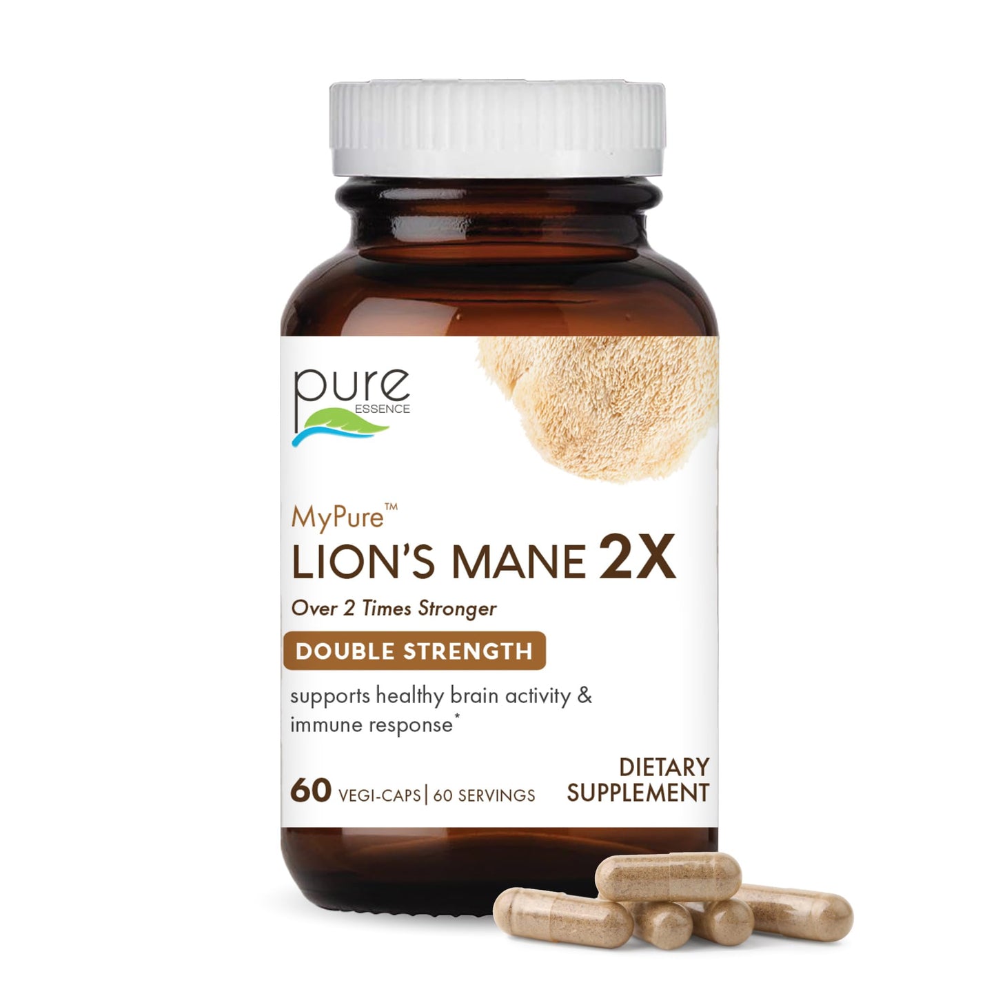 PURE ESSENCE LABS MyPure Lion's Mane 2X - Double Strength Brain Support Supplement with 100% Organic Fruiting Body Lion's Mane for Cognitive Health, Focus, Memory & Mental Clarity, 30 Capsules