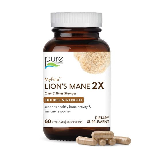 PURE ESSENCE LABS MyPure Lion's Mane 2X - Double Strength Brain Support Supplement with 100% Organic Fruiting Body Lion's Mane for Cognitive Health, Focus, Memory & Mental Clarity, 30 Capsules