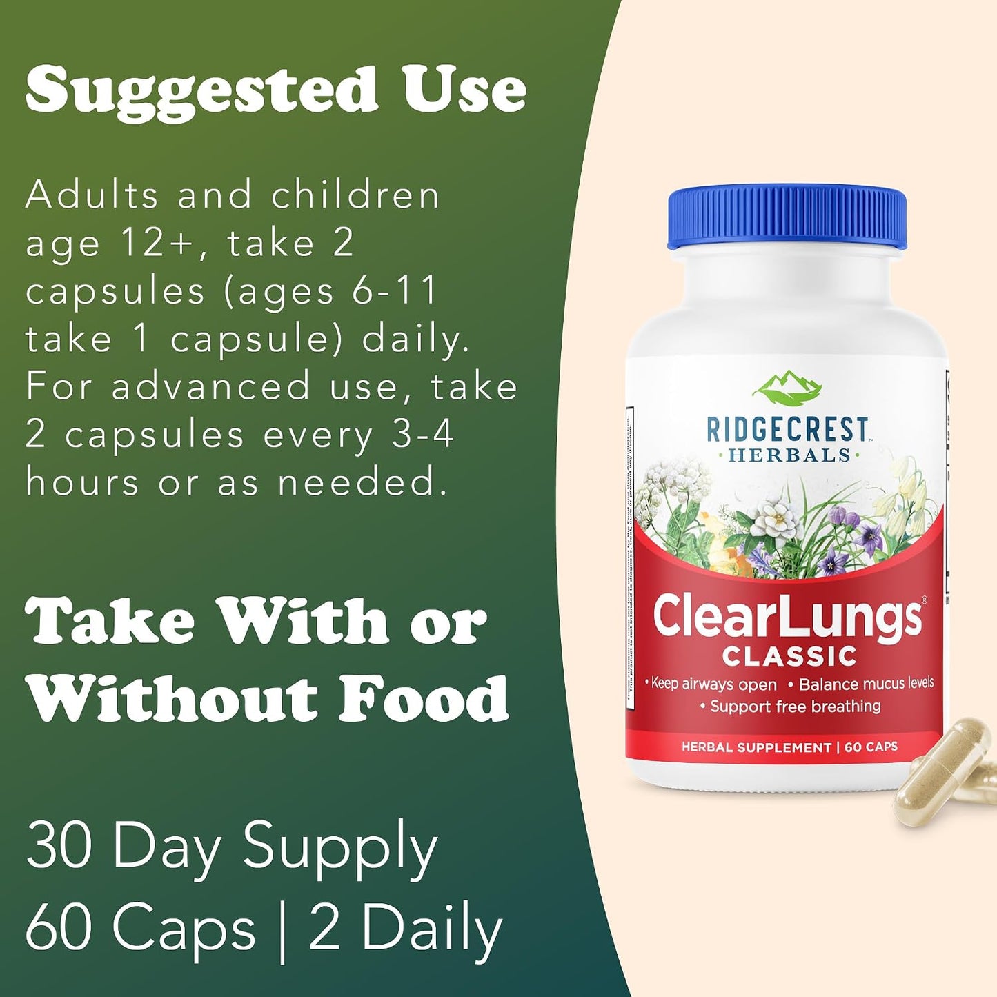 RidgeCrest Herbals ClearLungs Classic Natural Lung Health Support 60 Ct | 30 Servings, 13 Unique Herbs, Nasal Wellness, Respiratory and Bronchial Support, Sinus, Mucus and Immune Health
