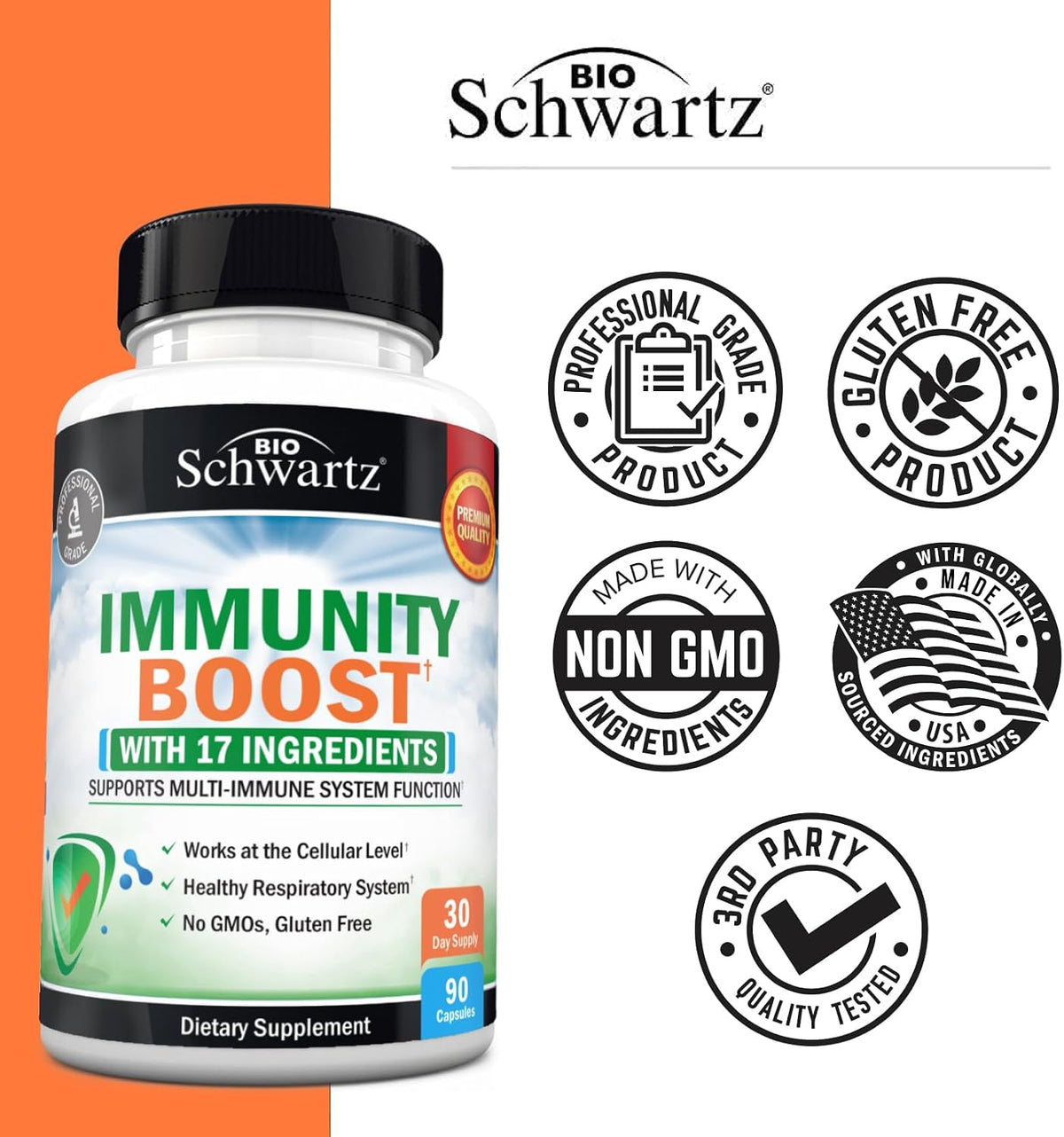 Immune Support Supplement for Adults with Vitamin C and Zinc, 90 Capsules