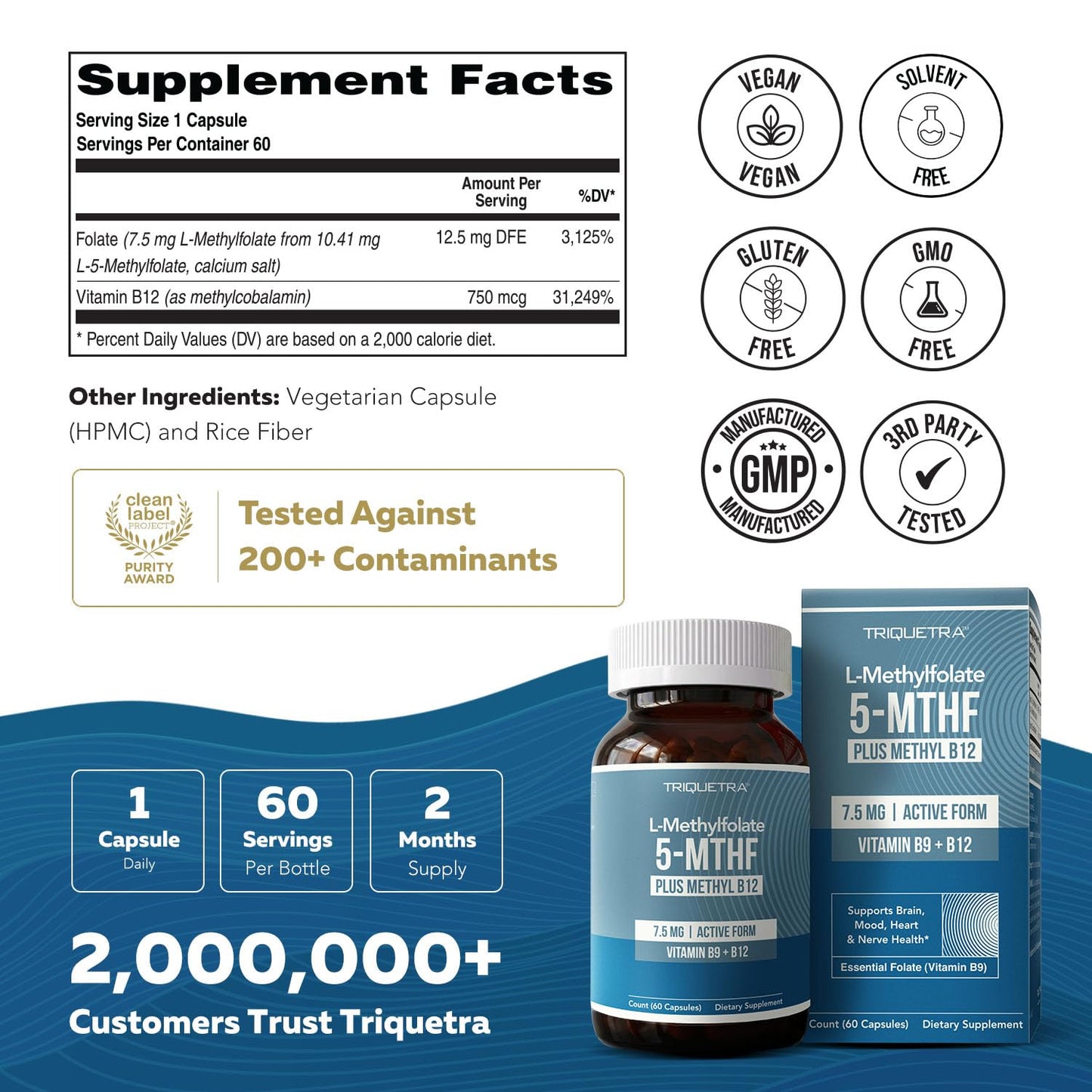 L Methylfolate 7.5mg plus Methyl B12 - Active 5-MTHF Form, MTHFR Supplement - Bloodstream Ready Methylated Folate + B12 Cofactor - Supports Mood, Homocysteine Methylation, Cognition (60 Capsules)