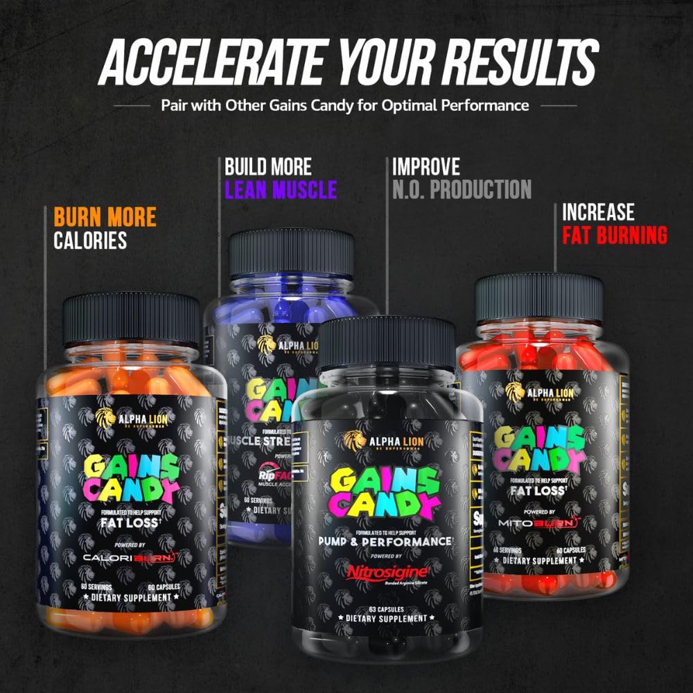 ALPHA LION Gains Candy, Supplement Pills that Support Weight Loss, Appetite Suppressant, Keto-Diet Friendly, Decrease Body Fat, Upgrade Energy & Workout Performance, 60 Capsules (MitoBurn®)