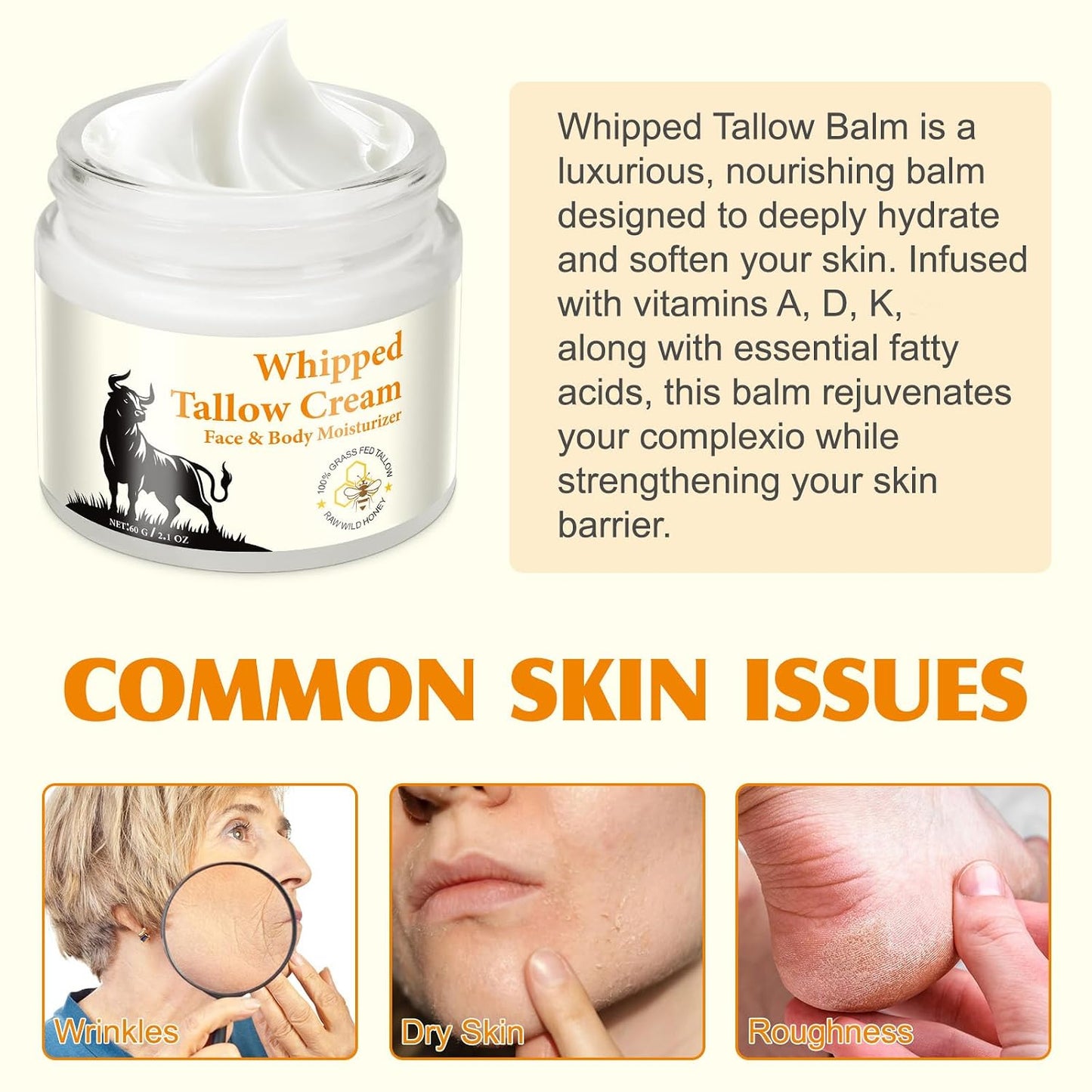 HUYEHF Beef Tallow for Skin, Beef Tallow and Honey Balm for Skin & Face Deeply Nourishing Face Body Moisturizer, for Dry Care & Anti-Aging- 60g