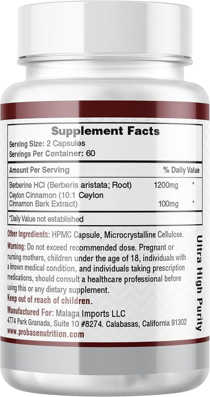 Probase Nutrition Berberine 1200mg with Ceylon Cinnamon Extract - Gluten Free and Vegan - 120 Capsules - Herbal Supplement