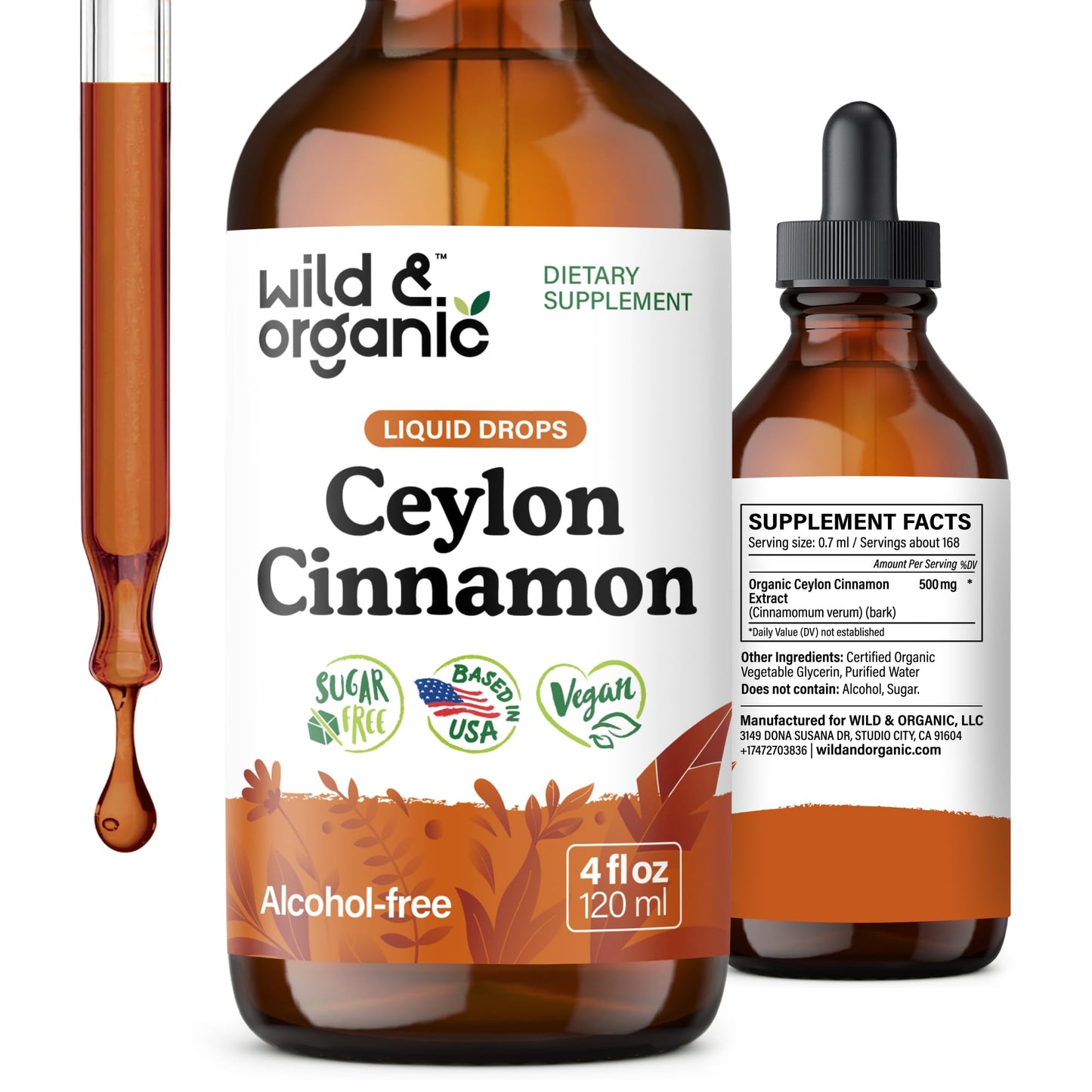 Wild & Organic Ceylon Cinnamon Supplements 500mg - Antioxidant Support - Ceylon Cinnamon Drops - Add to Tea Liquid Extract - Cinnamomum Verum Bark - Unflavored, Sugar & Alcohol-Free Tincture - 4 fl oz