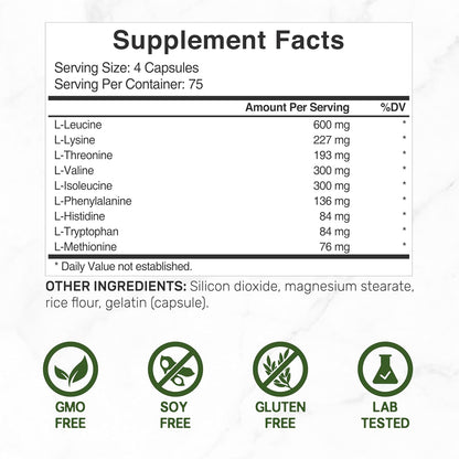 Essential Amino Acids (EAA) 2000mg Per Serving, 300 Capsules – Unflavored - 9 in 1, All BCAAs (Branched-Chain Aminos) – Lean Muscle Support & Natural Pre Workout Supplement