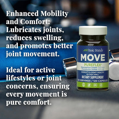 Basic Brands Move Pureflex Glucosamine Chondroitin, 120 Capsules | 500 mg Glucosamine Sulfate and 400 mg Chondroitin Sulfate, Made in USA