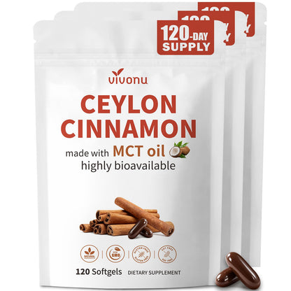 2-in-1 Organic Ceylon Cinnamon with MCT Oil Supplements Softgels, 120 Day Supply, Authentic Sri Lankan Source, Liposome Highly Bioavailable Extract, Energy & Metabolism Support, Large Granule Softgels