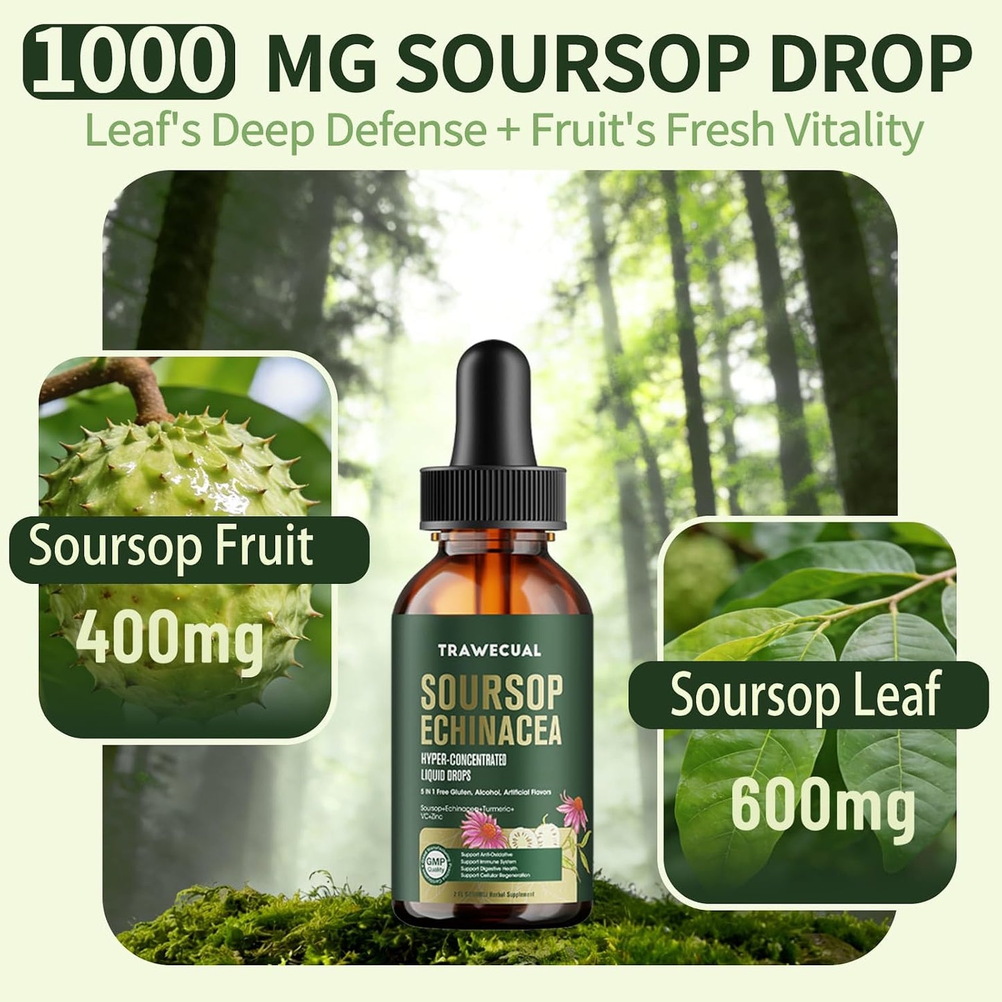 Soursop Drops, Soursop Graviola Liquid Drop 1000mg with Echinacea 300mg, Turmeric, Vitamin C, Zinc - for Immune Support, Digestive Health, Antioxidant & Cell Support, 2 FL OZ