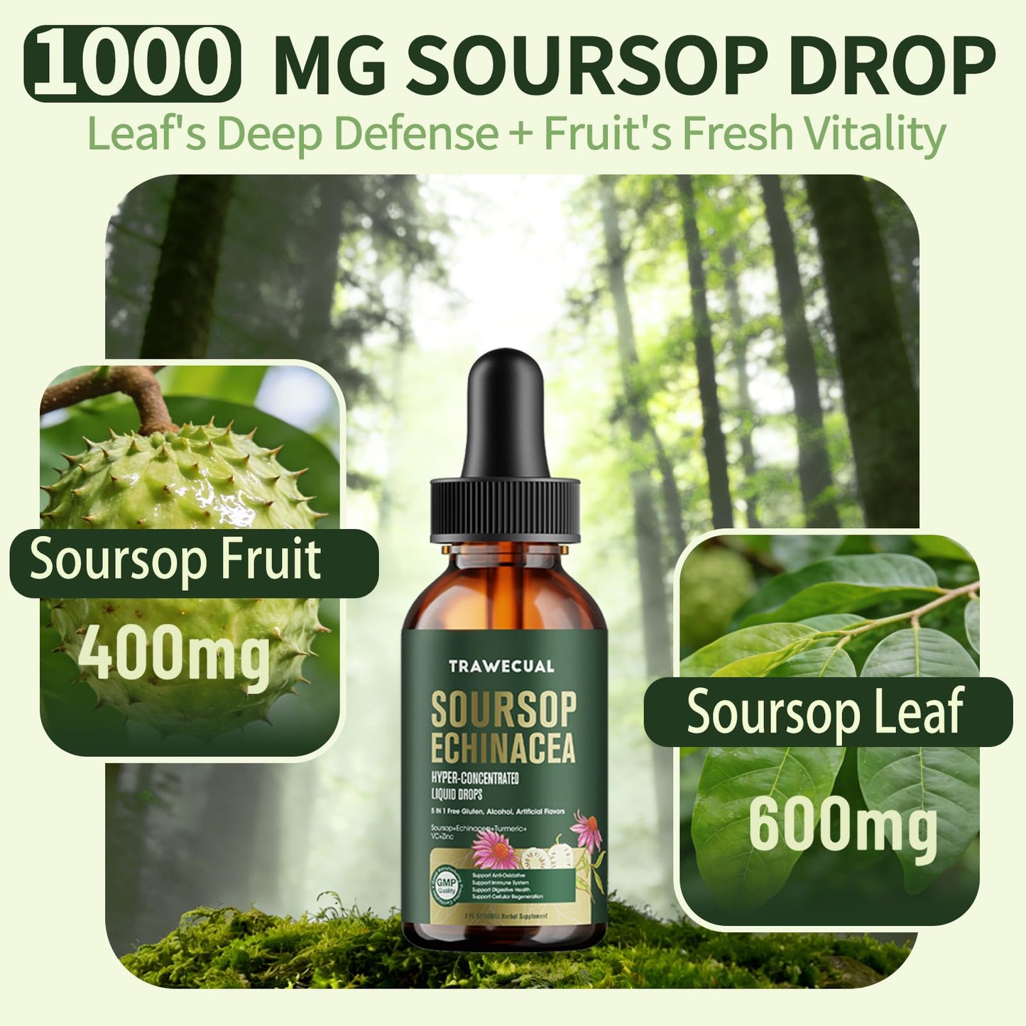 Soursop Drops, Soursop Graviola Liquid Drop 1000mg with Echinacea 300mg, Turmeric, Vitamin C, Zinc - for Immune Support, Digestive Health, Antioxidant & Cell Support, 2 FL OZ