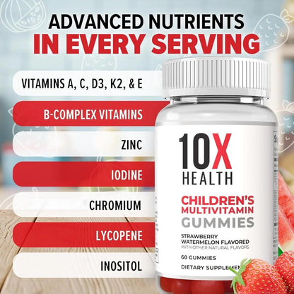10X Health Kids Multivitamin - 60ct, Strawberry Watermelon | Immunity Gummies for Kids: Complete Daily Nutrition, Bones & Energy, Strawberry Watermelon