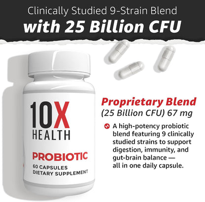 10X Health Probiotics for Men - 60 Capsules Immune Support Supplement & Probiotics for Digestive Health with Lactobacillus Rhamnosus, Acidophilus & Bifidobacterium Probiotic for Gut Health