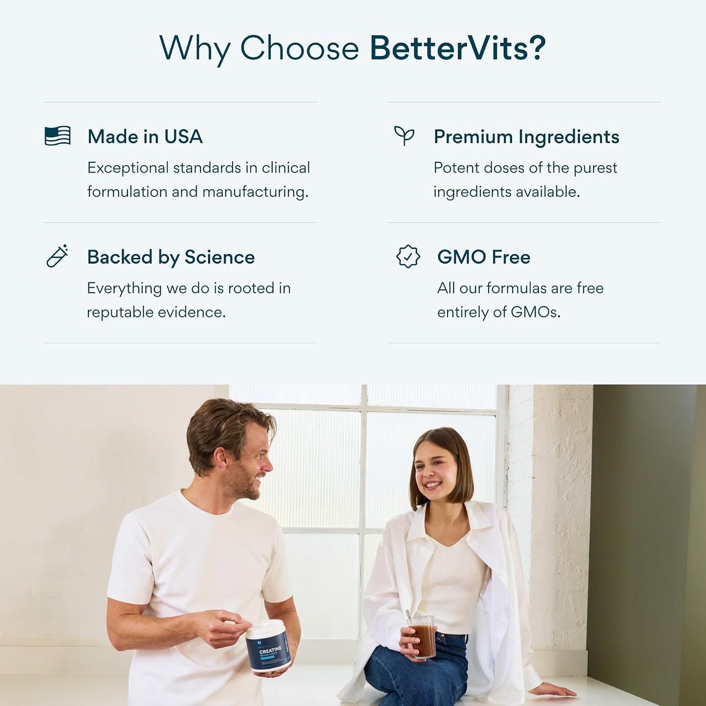 Bettervits Creatine Monohydrate Powder – 100% Pure Micronized Creatine 5g | Unflavoured Creatine Workout Supplement for Muscle Strength, Power & Growth | Vegan Creatine for Women & Men | 60 Servings
