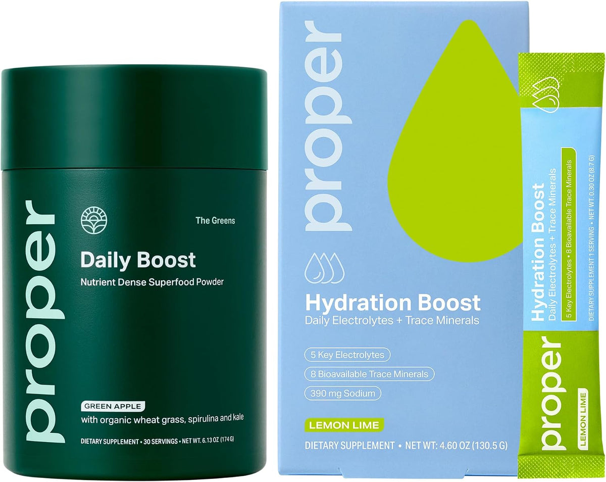 Proper, The Greens Daily Boost Organic Greens Powder + Hydration Sticks – Electrolyte Powder Drink Mix Packets