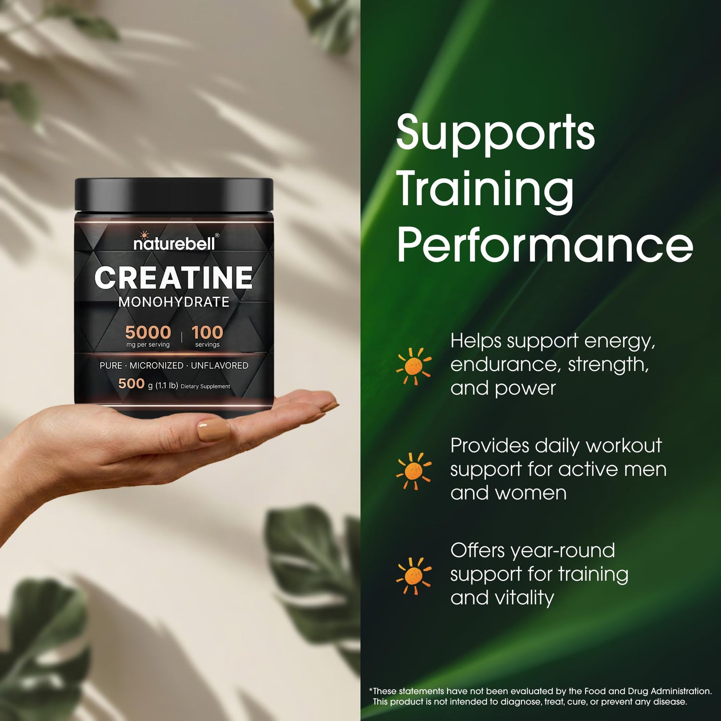 NatureBell Creatine Monohydrate Powder 1,000g, 5,000mg Per Serving, 200 Servings (2.2 lb) | Micronized, Pure & Unflavored | Pre-Workout Muscle Support* | Keto, Vegan, Filler-Free