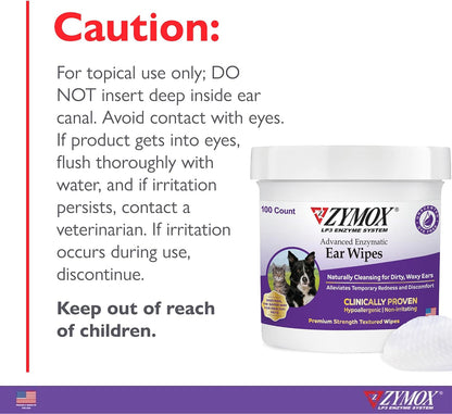 Zymox Advanced Enzymatic Ear Wipes for Dogs and Cats - for Dirty, Waxy, Smelly Ears - Premium Strength Ear Cleaner Wipes - Non-Irritating - Hypoallergenic - 100 ct