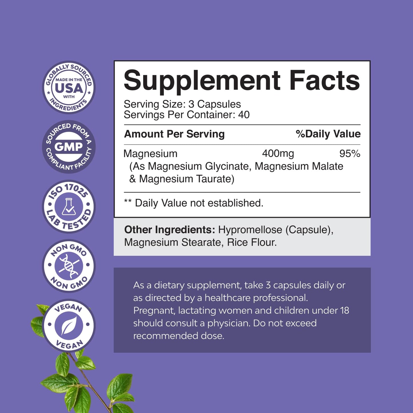 Triple Magnesium Complex Supplement - High Absorption Magnesium Glycinate, Malate & Taurate Blend for Muscles Energy Support & Heart Health - Triple Mg Complex 400 mg Capsules - 180 Count