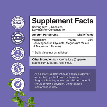 Triple Magnesium Complex Supplement - High Absorption Magnesium Glycinate, Malate & Taurate Blend for Muscles Energy Support & Heart Health - Triple Mg Complex 400 mg Capsules - 180 Count