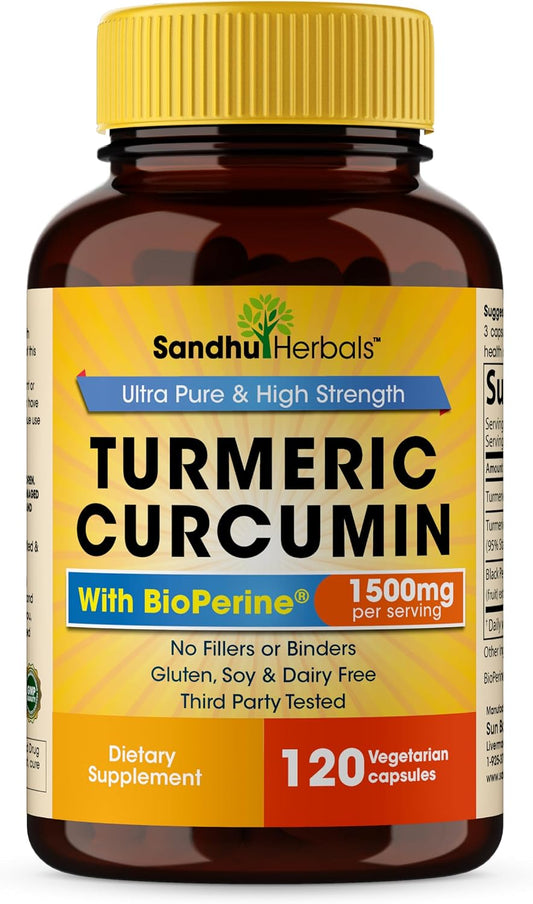 Organic Turmeric Curcumin 120 Capsules with Bioperine Black Pepper Extract Supplement | 1500mg with 95% Curcuminoids | Immune Support