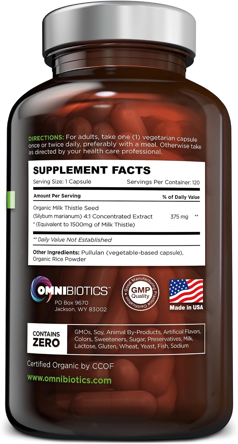 OmniBiotics Organic Milk Thistle Supplement 1500mg – 4X Concentrated Extract with Silymarin – High Potency Liver Detox & Support – 120 Vegan Capsules (Pack of 2)