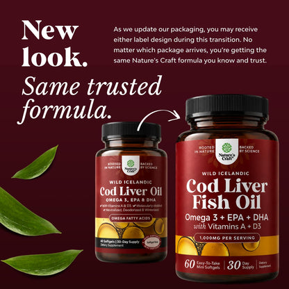 Icelandic Wild Caught Cod Liver Oil Softgels - Fish Omega 3, EPA, DHA, Vitamin D & A, 1000mg Per Serving - Burpless Capsules for Heart, Joint, Brain & Immune Support - 100 Count
