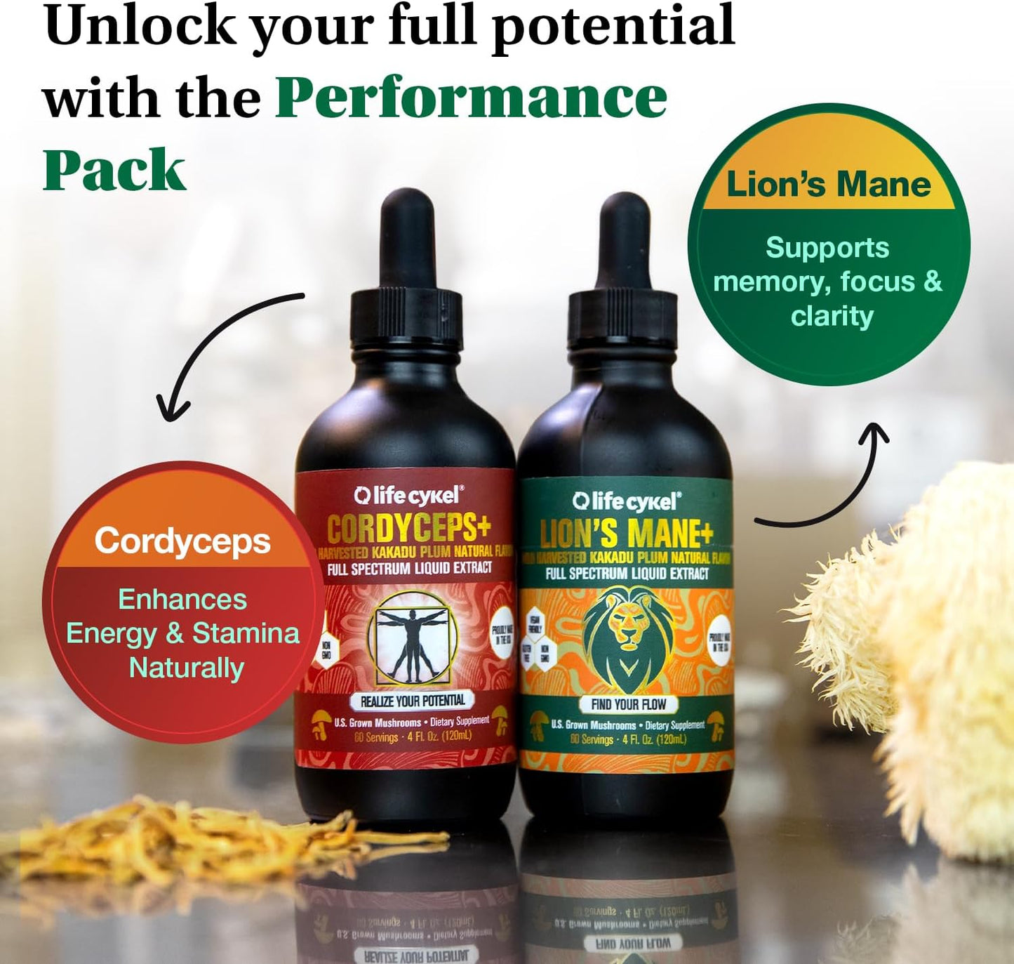 Life Cykel Cordyceps +Lion's Mane Extract Performance Pack - Organic Mushroom Supplement for Energy, Focus & Mental Clarity - USA Made, Pure & Potent Mushroom Liquid Drops for Adults