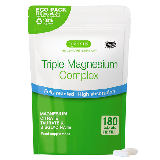 Igennus Superior Triple Magnesium Complex, Fully Reacted & Chelated Glycinate, Taurate & Citrate, Clean Label, High Bioavailability & Absorption, 60 Tablets, Vegan, Non-Buffered