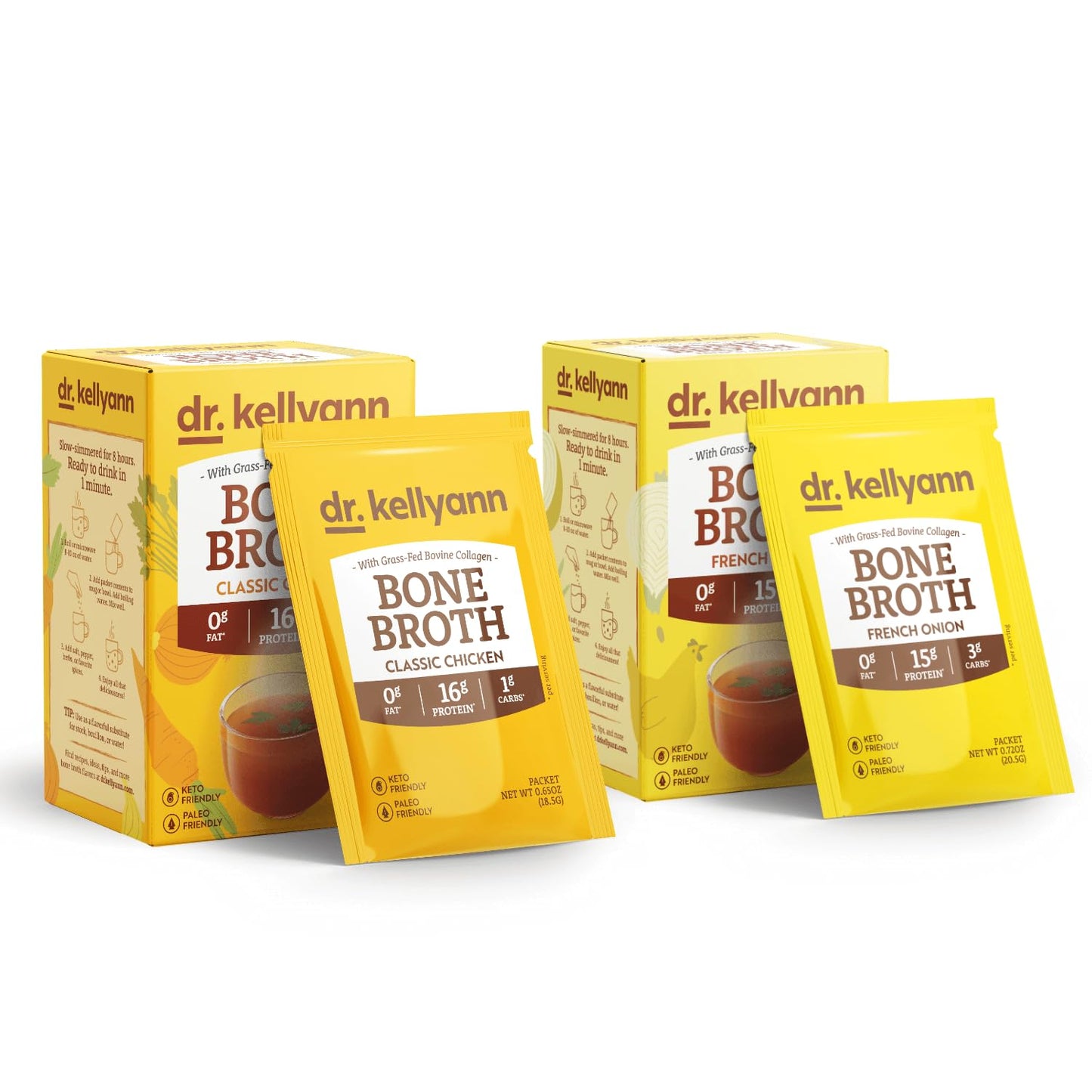 Dr. Kellyann French Onion Bone Broth Packets Trial Pack (14 Servings) – Original Homestyle Chicken & French Onion, 2 Boxes
