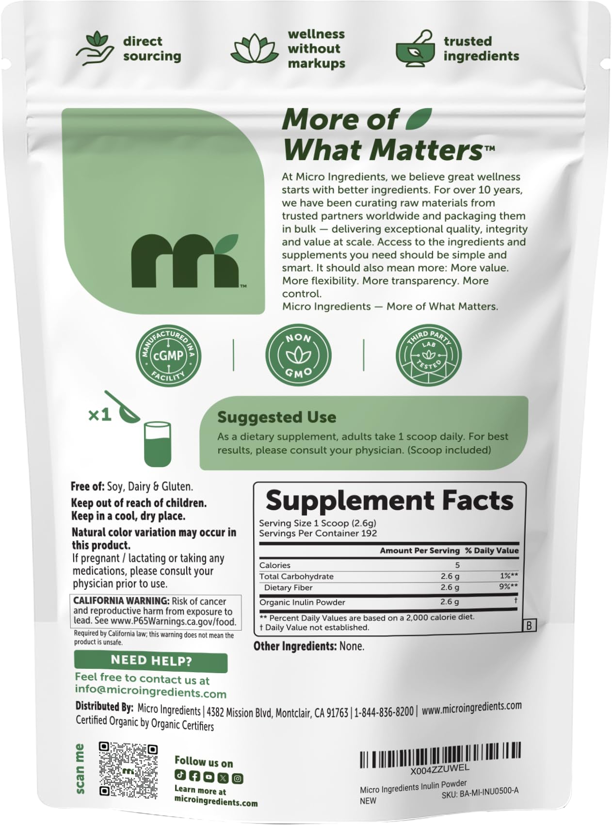 Micro Ingredients Organic Inulin FOS Fiber Powder, 2.2 lbs | Quick Water-Soluble Prebiotic | Natural Fiber for Smoothies & Drinks | Vegan Friendly, Dissolves Clear